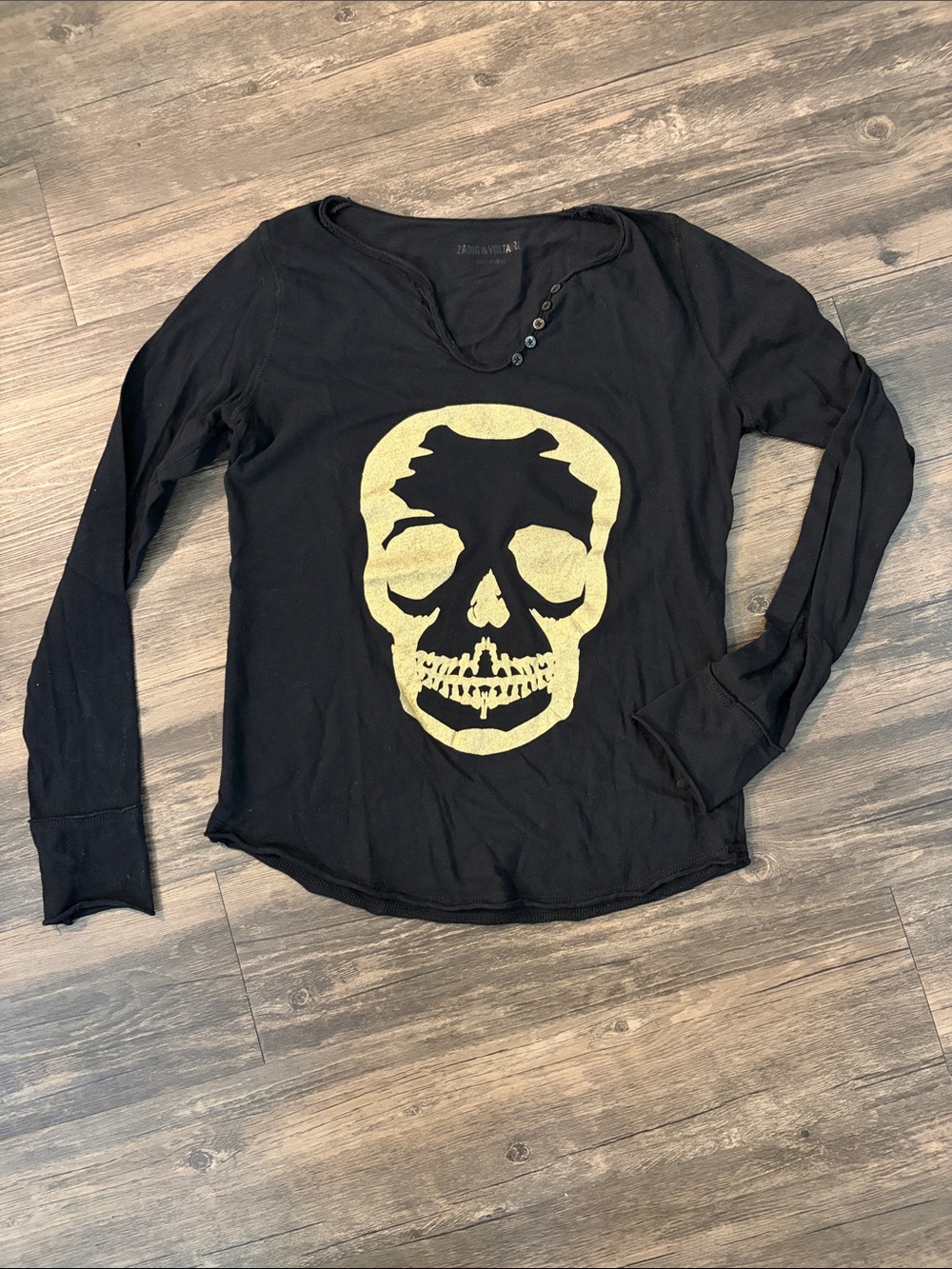 Zadig & Voltaire Black Long-Sleeve Top with Gold Skull Graphic